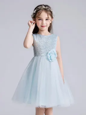 Cute Sky Blue Sleeveless Sequins Tulle Flower Girl Dresses Short Princess Dress with Bow for Kids