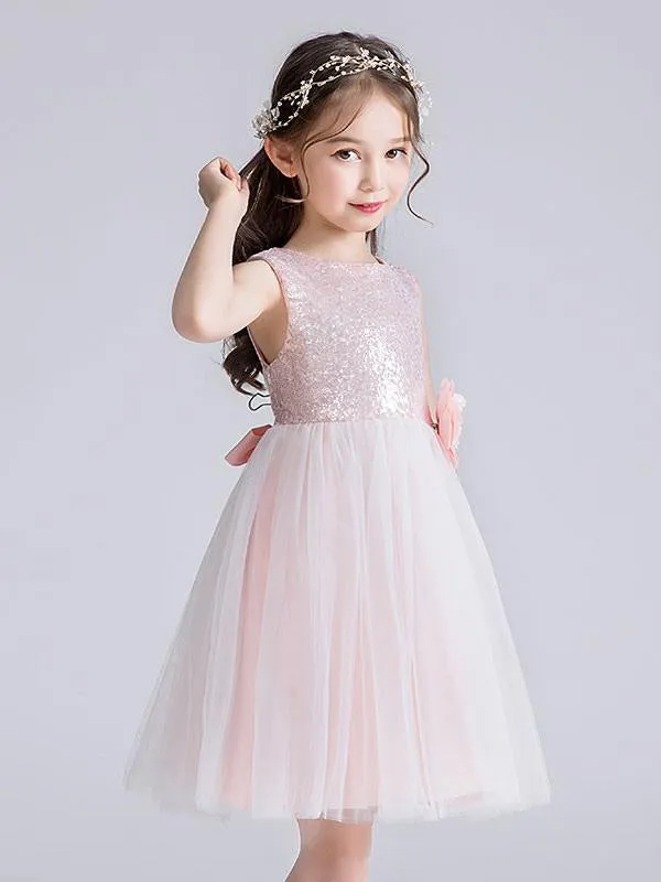 Cute Sky Blue Sleeveless Sequins Tulle Flower Girl Dresses Short Princess Dress with Bow for Kids