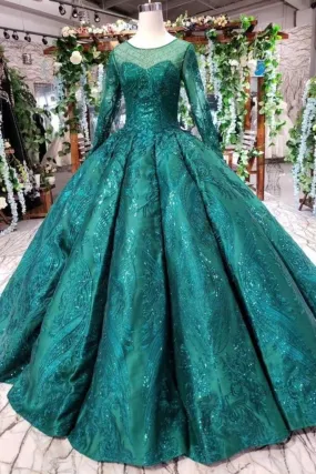 Dark Green Long Sleeves Ball Gown Prom Dress with Beads Lace up Quinceanera Dresses