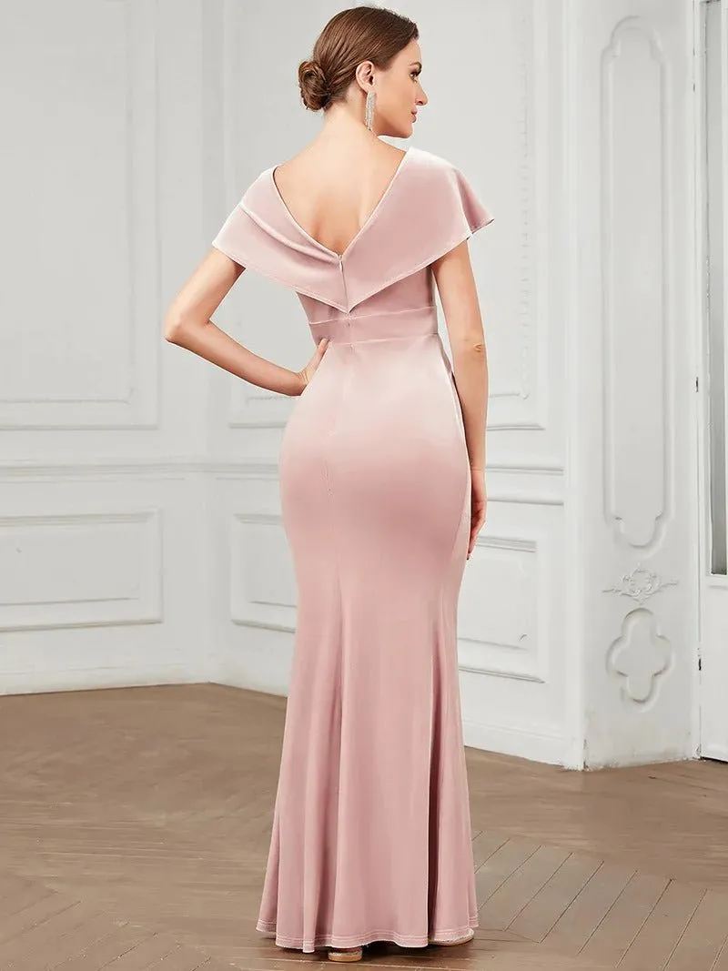 Deep V Neck A Line Evening Dresses with Short Sleeves