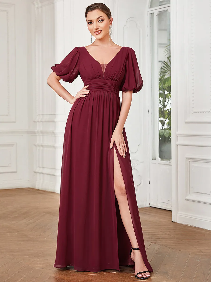 Deep V Neck A Line Half Puff Sleeves Wholesale Bridesmaid Dresses