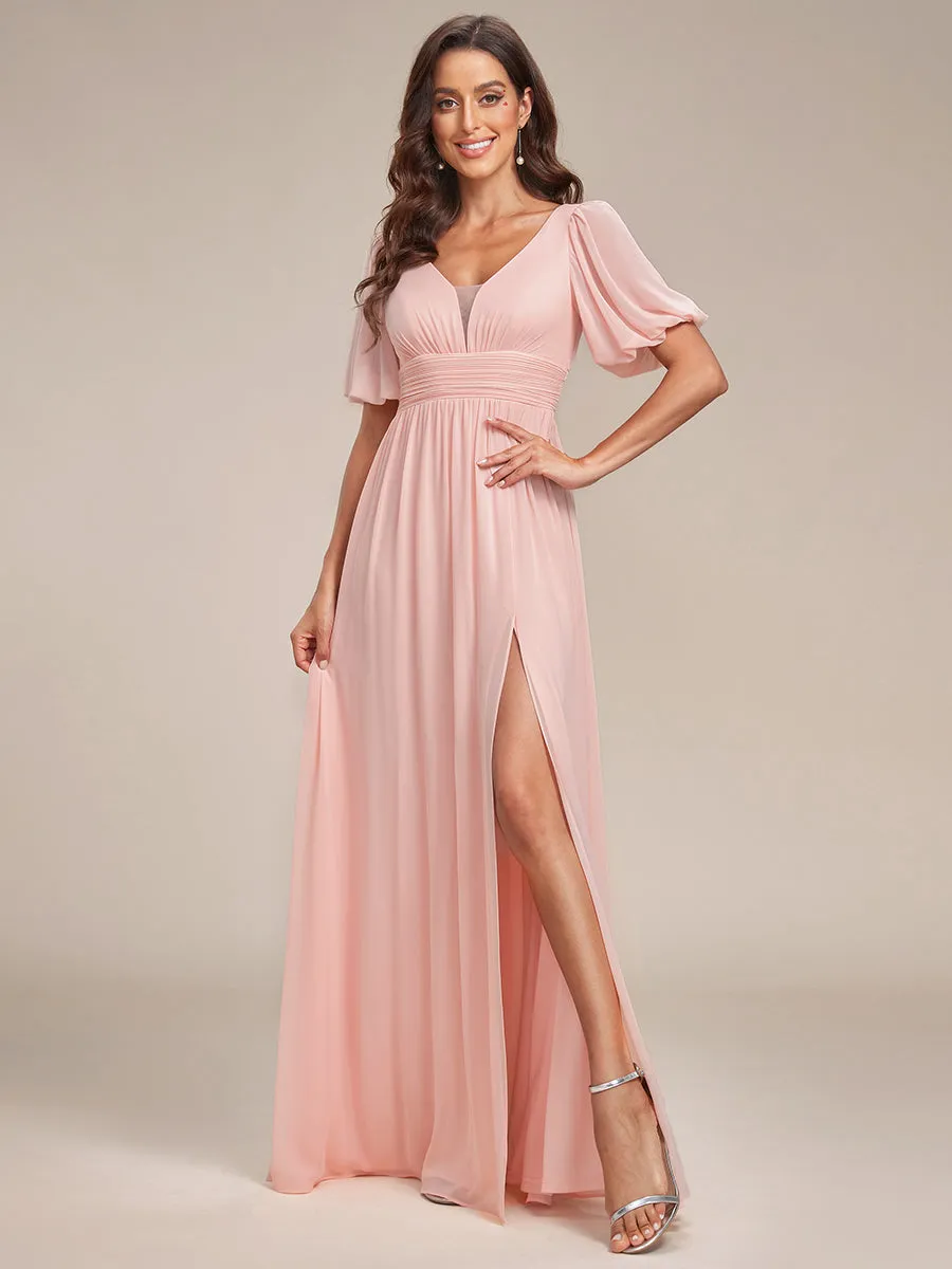 Deep V Neck A Line Half Puff Sleeves Wholesale Bridesmaid Dresses