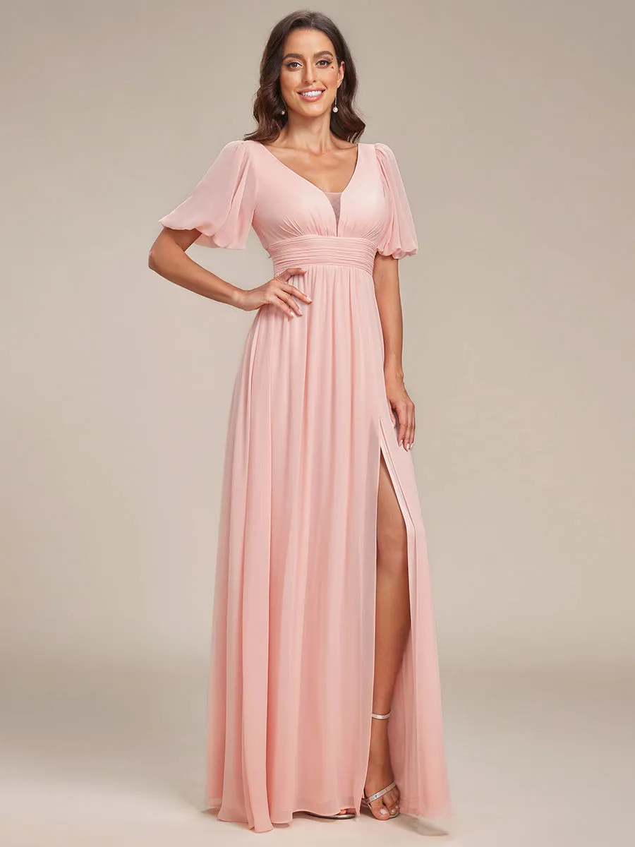 Deep V Neck A Line Half Puff Sleeves Wholesale Bridesmaid Dresses