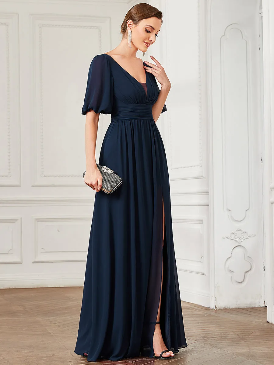 Deep V Neck A Line Half Puff Sleeves Wholesale Bridesmaid Dresses