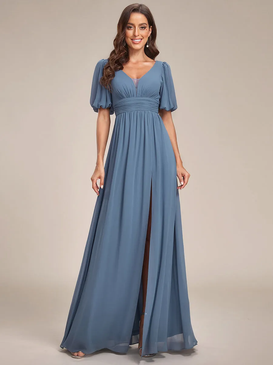 Deep V Neck A Line Half Puff Sleeves Wholesale Bridesmaid Dresses