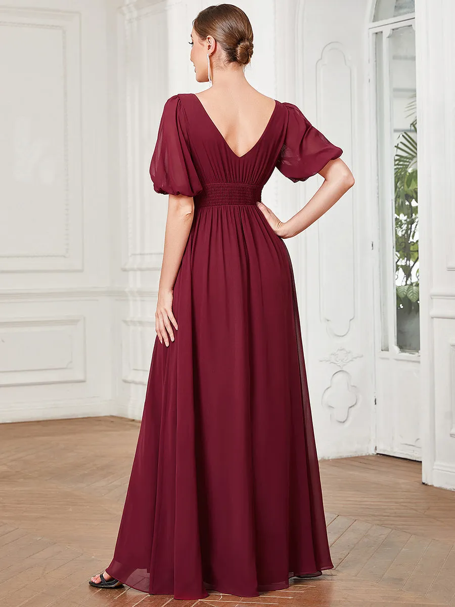 Deep V Neck A Line Half Puff Sleeves Wholesale Bridesmaid Dresses