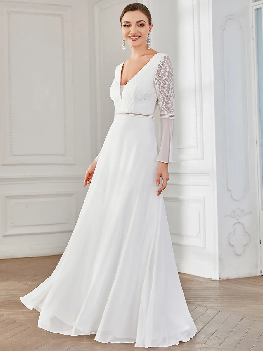 Deep V Neck A Line Wholesale Wedding Dresses with Long Sleeves