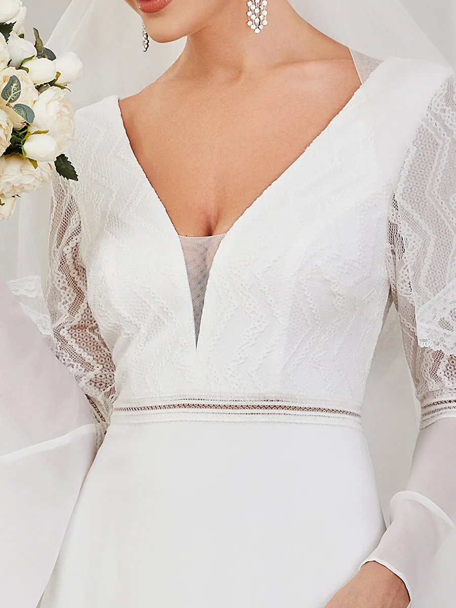 Deep V Neck A Line Wholesale Wedding Dresses with Long Sleeves