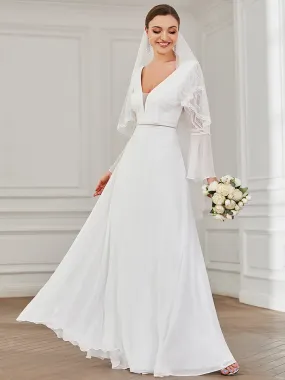 Deep V Neck A Line Wholesale Wedding Dresses with Long Sleeves