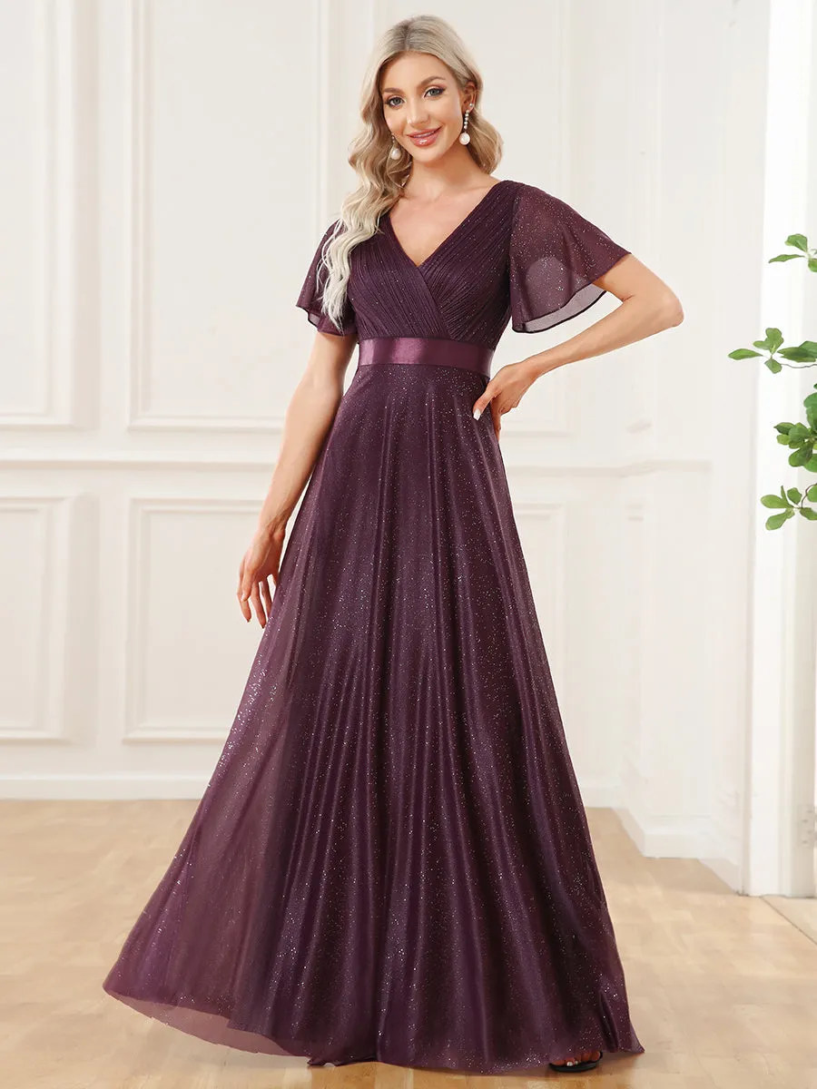 Deep V Neck Ruffles Sleeve A Line Wholesale Evening Dresses