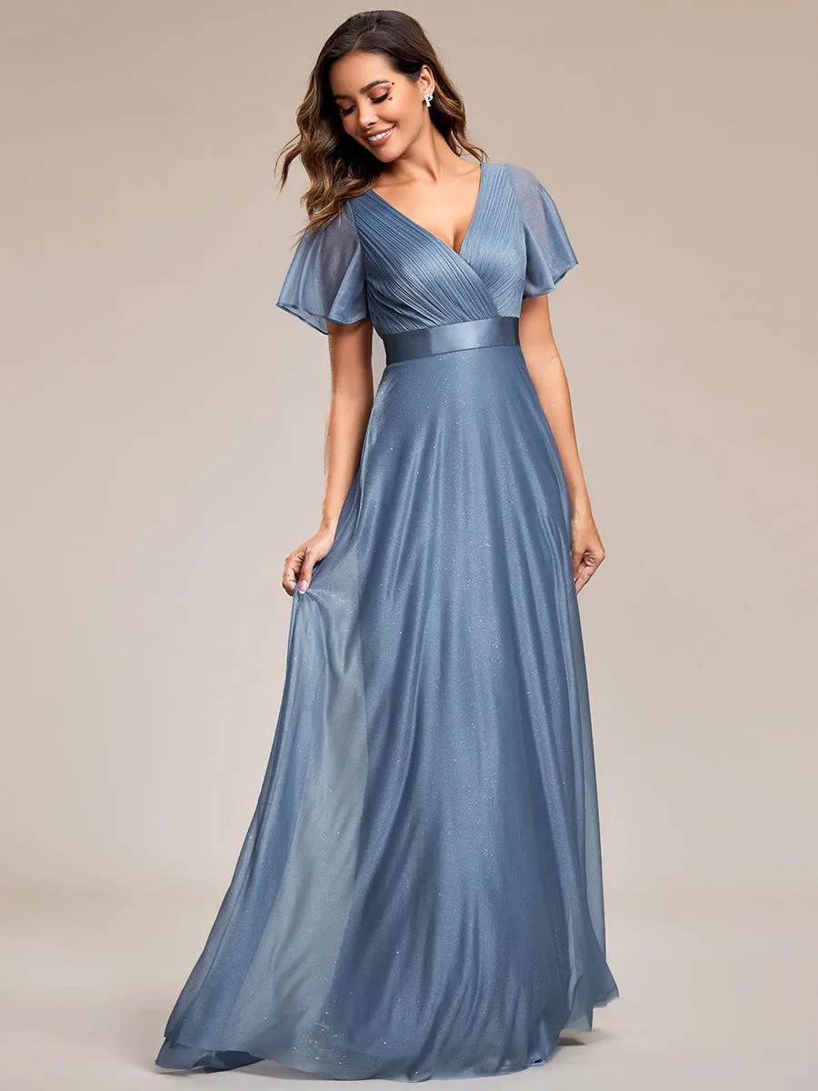 Deep V Neck Ruffles Sleeve A Line Wholesale Evening Dresses