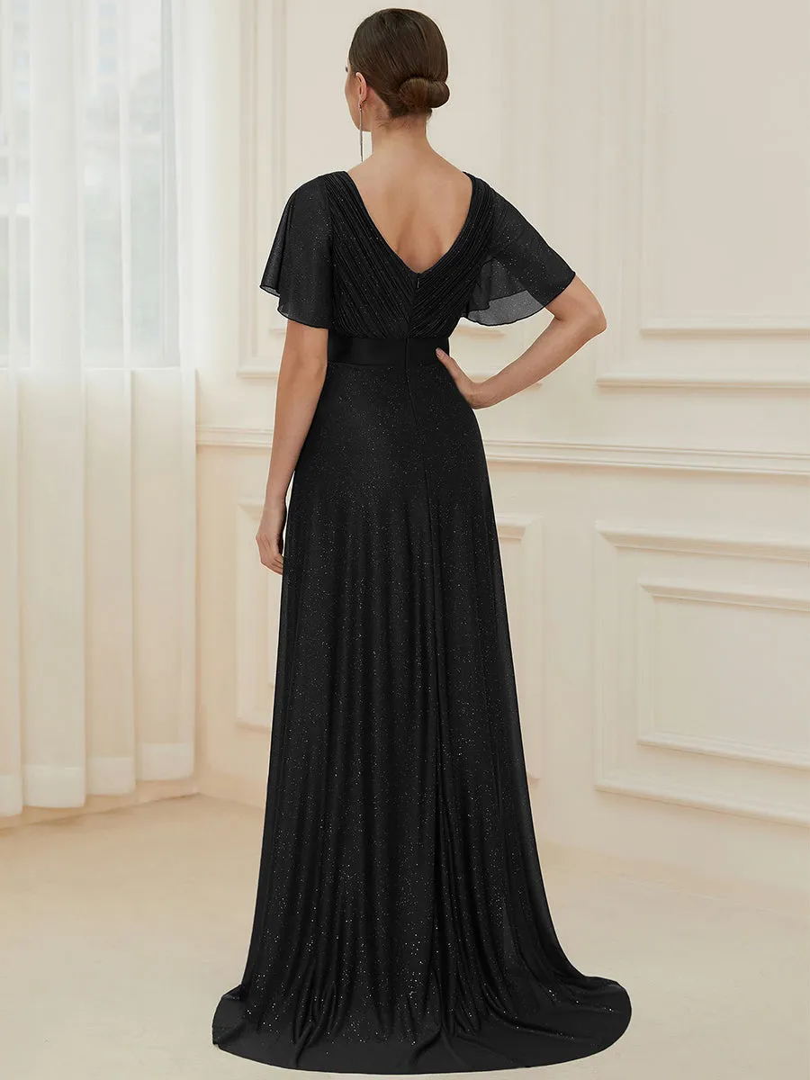 Deep V Neck Ruffles Sleeve A Line Wholesale Evening Dresses