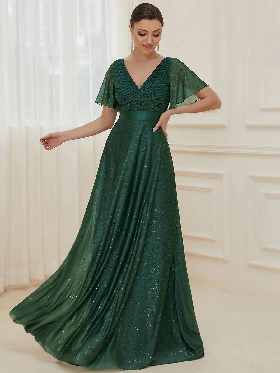 Deep V Neck Ruffles Sleeve A Line Wholesale Evening Dresses