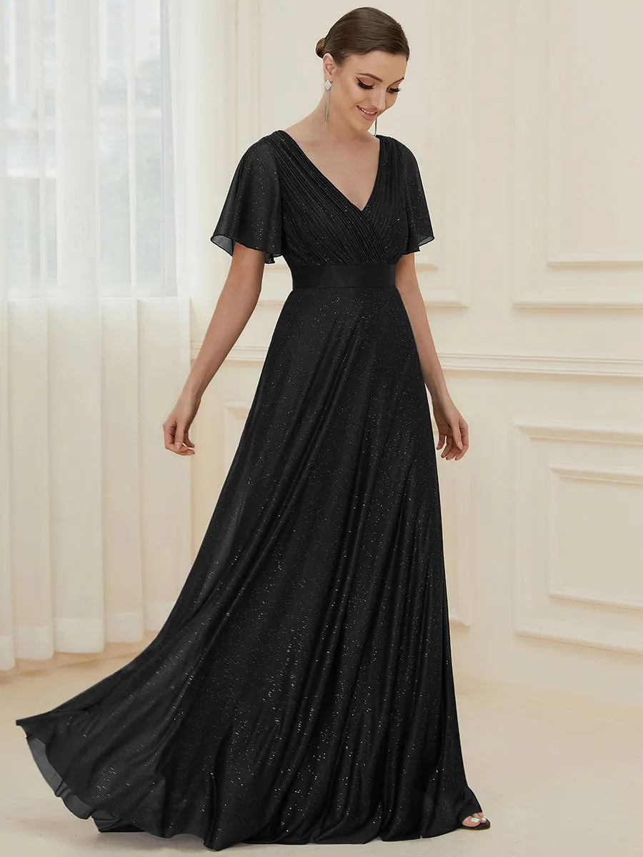 Deep V Neck Ruffles Sleeve A Line Wholesale Evening Dresses