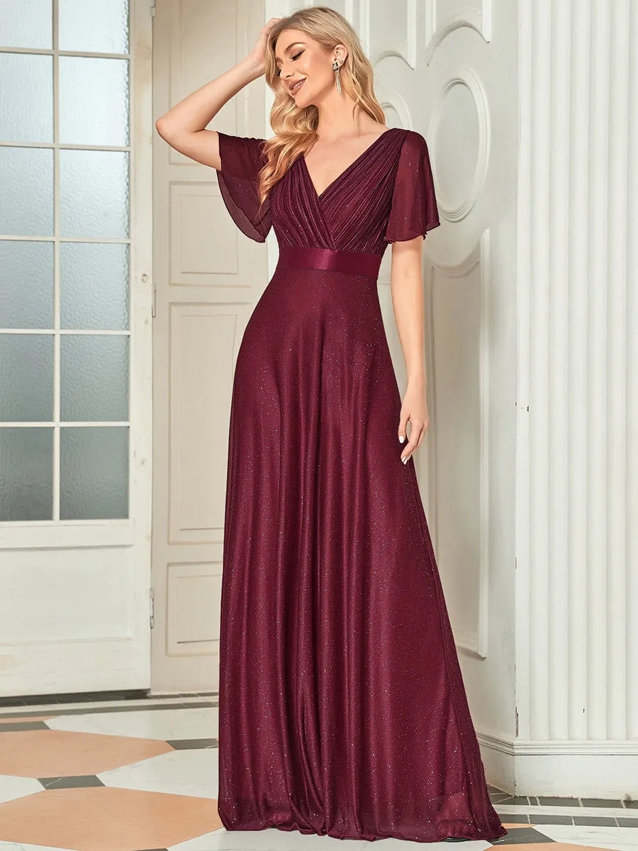 Deep V Neck Ruffles Sleeve A Line Wholesale Evening Dresses