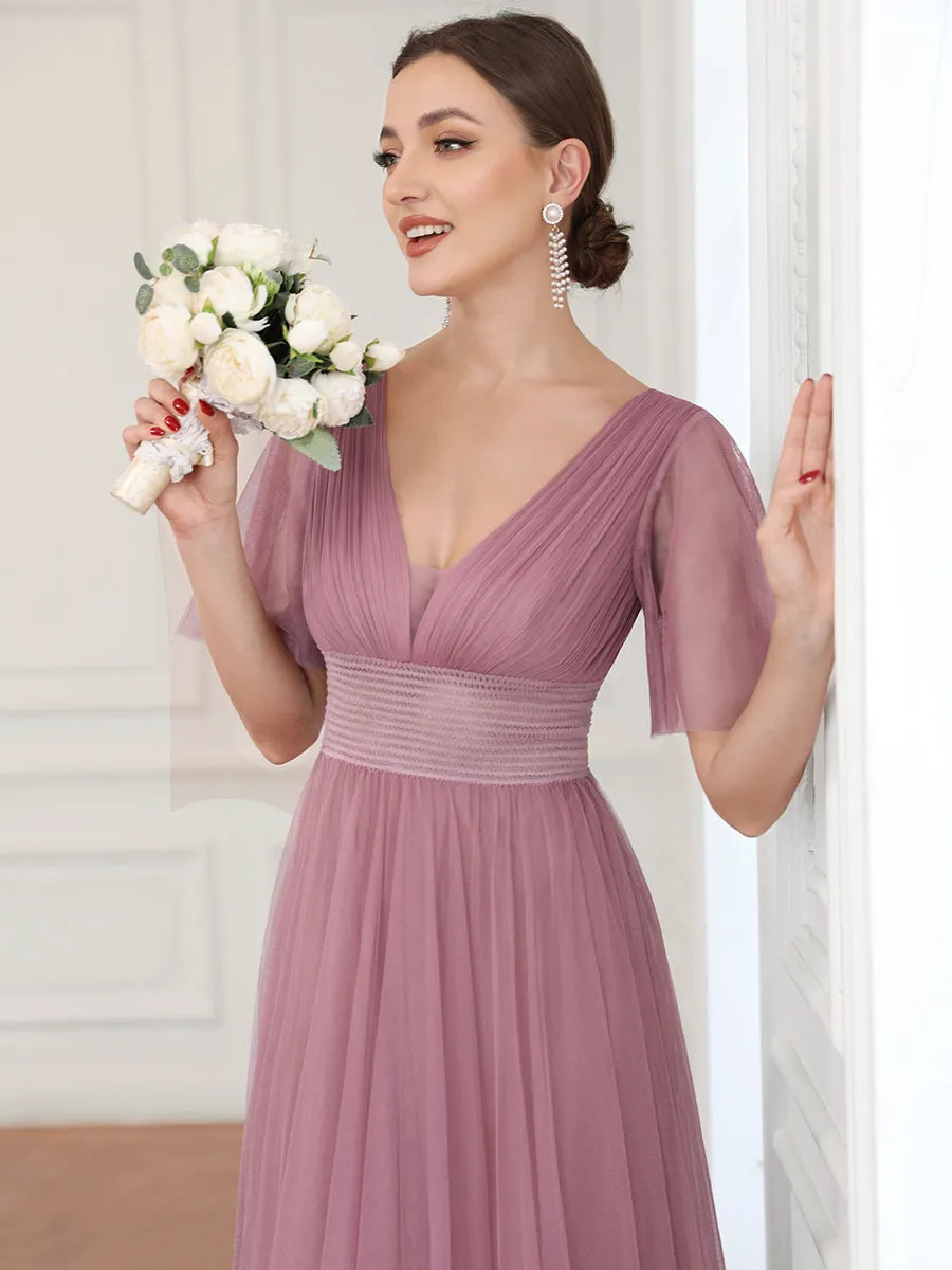 Deep V-Neck Short Ruffles Sleeves A Line Wholesale Bridesmaid Dresses