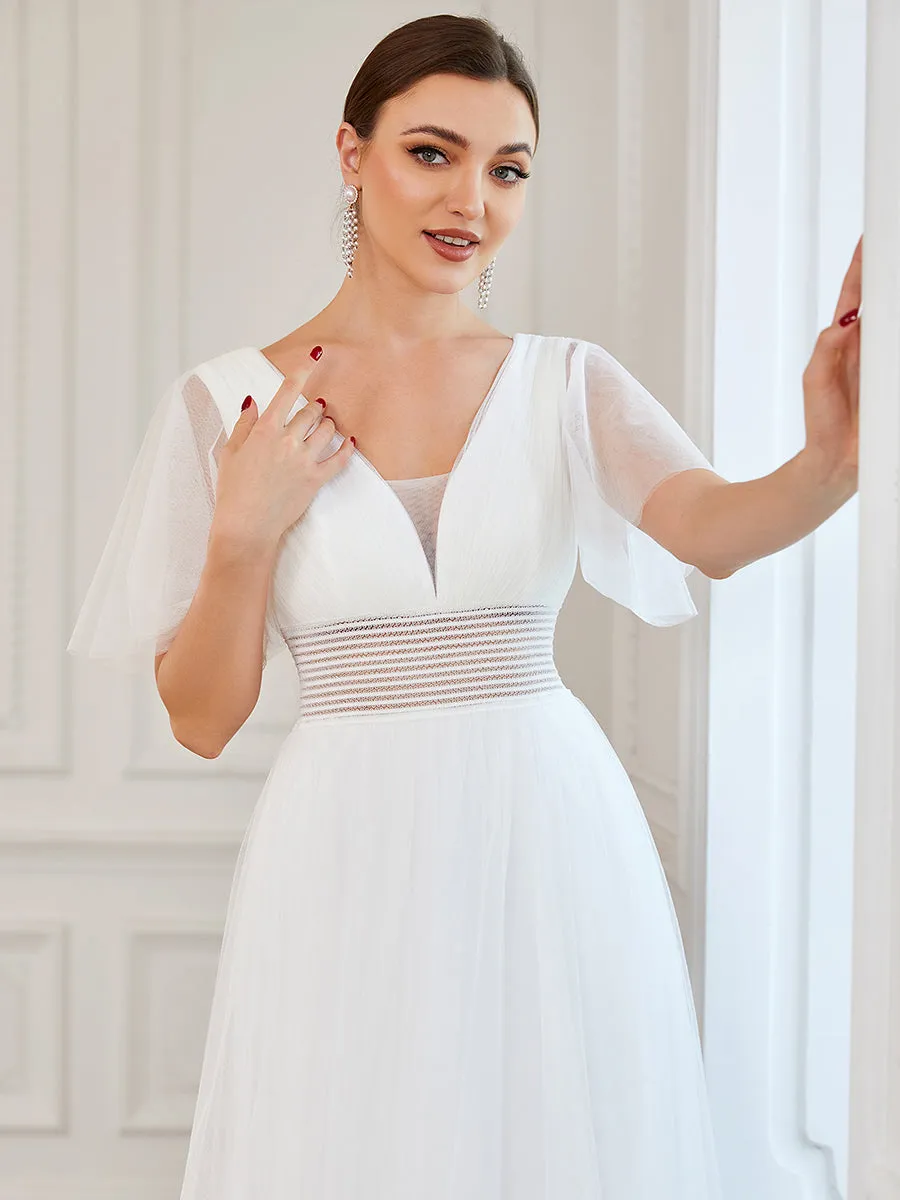 Deep V-Neck Short Ruffles Sleeves A Line Wholesale Bridesmaid Dresses