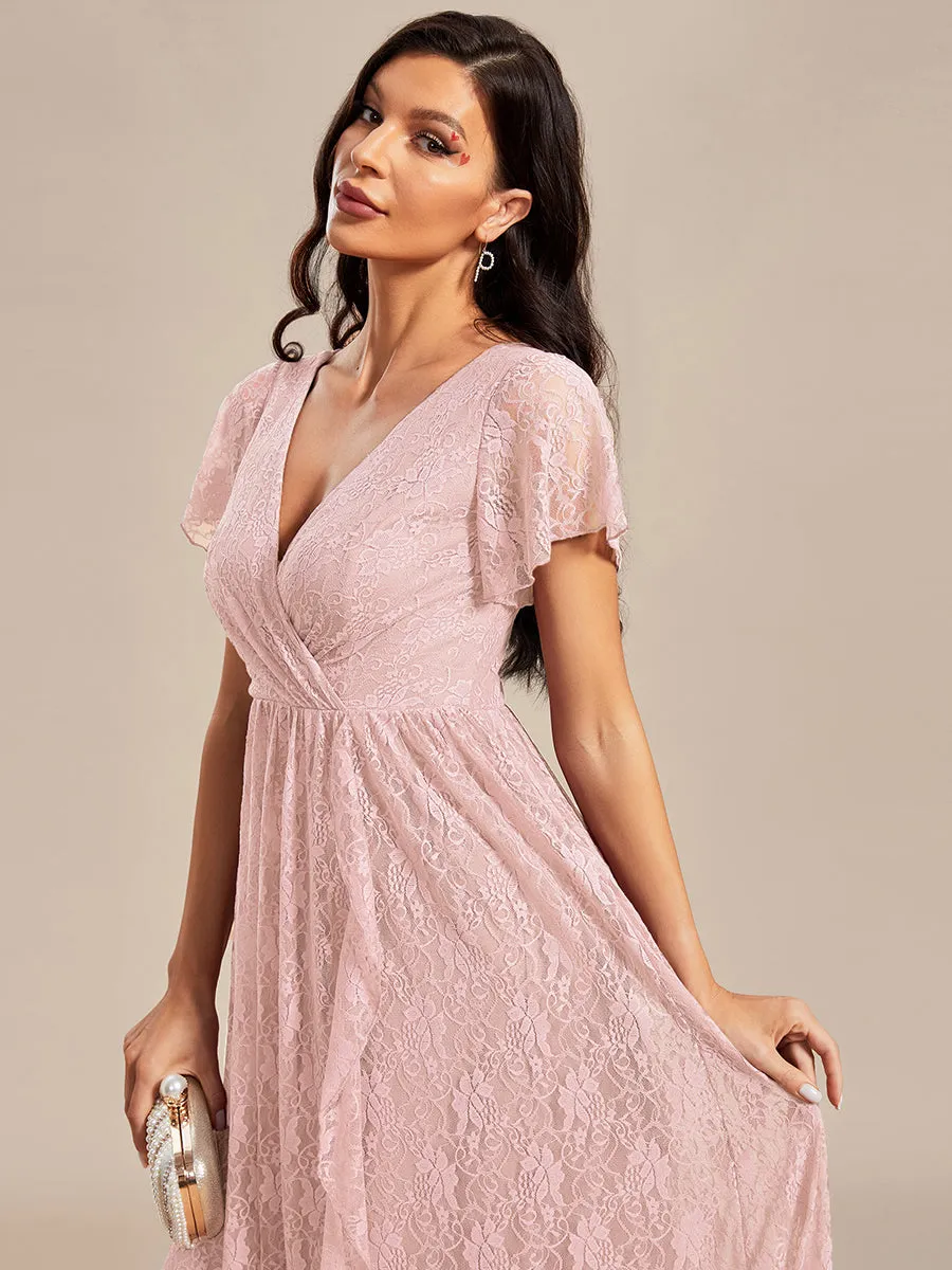 Deep V Neck Short See Through Sleeves A Line Wholesale Evening Dresses