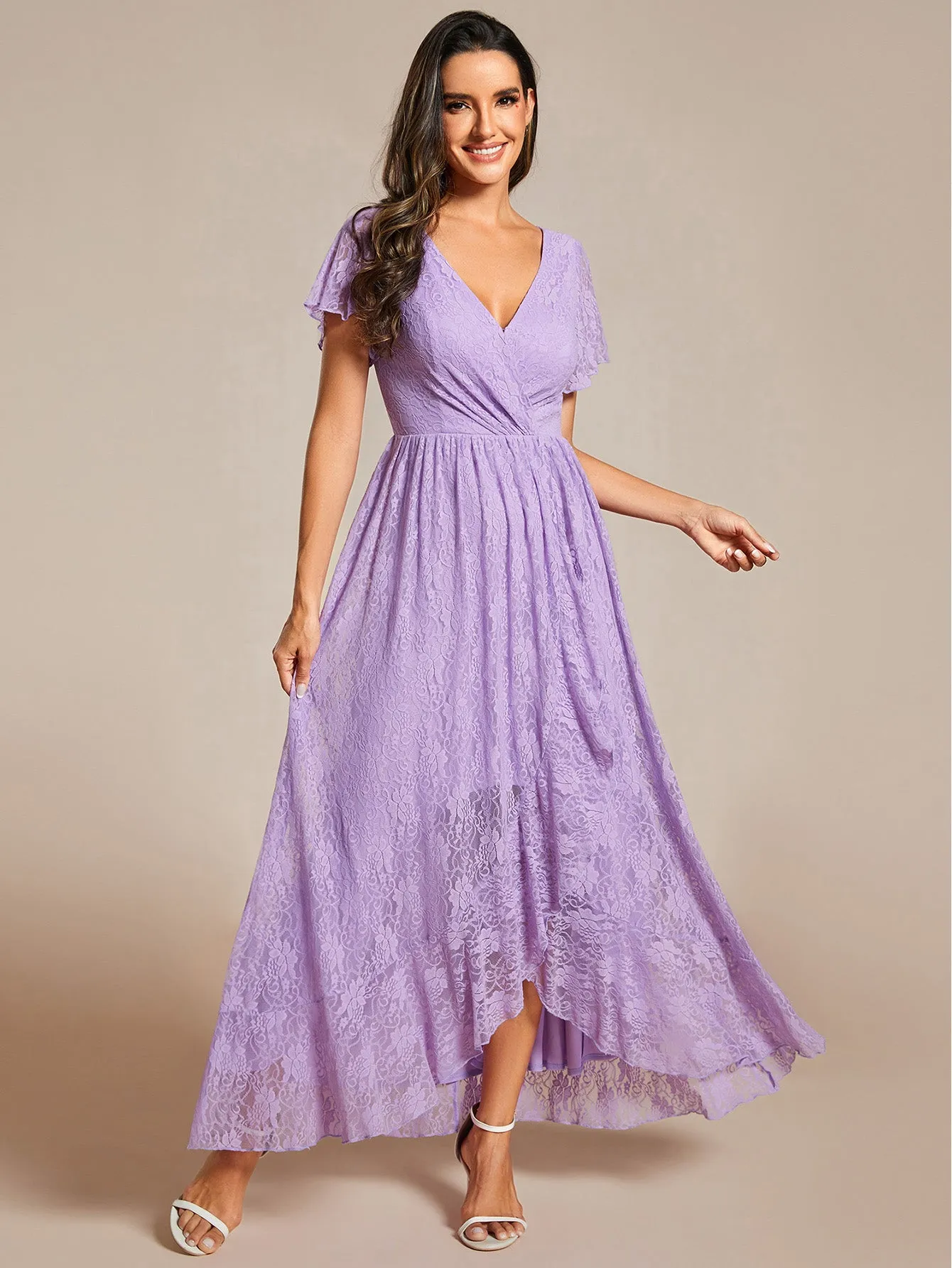 Deep V Neck Short See Through Sleeves A Line Wholesale Evening Dresses