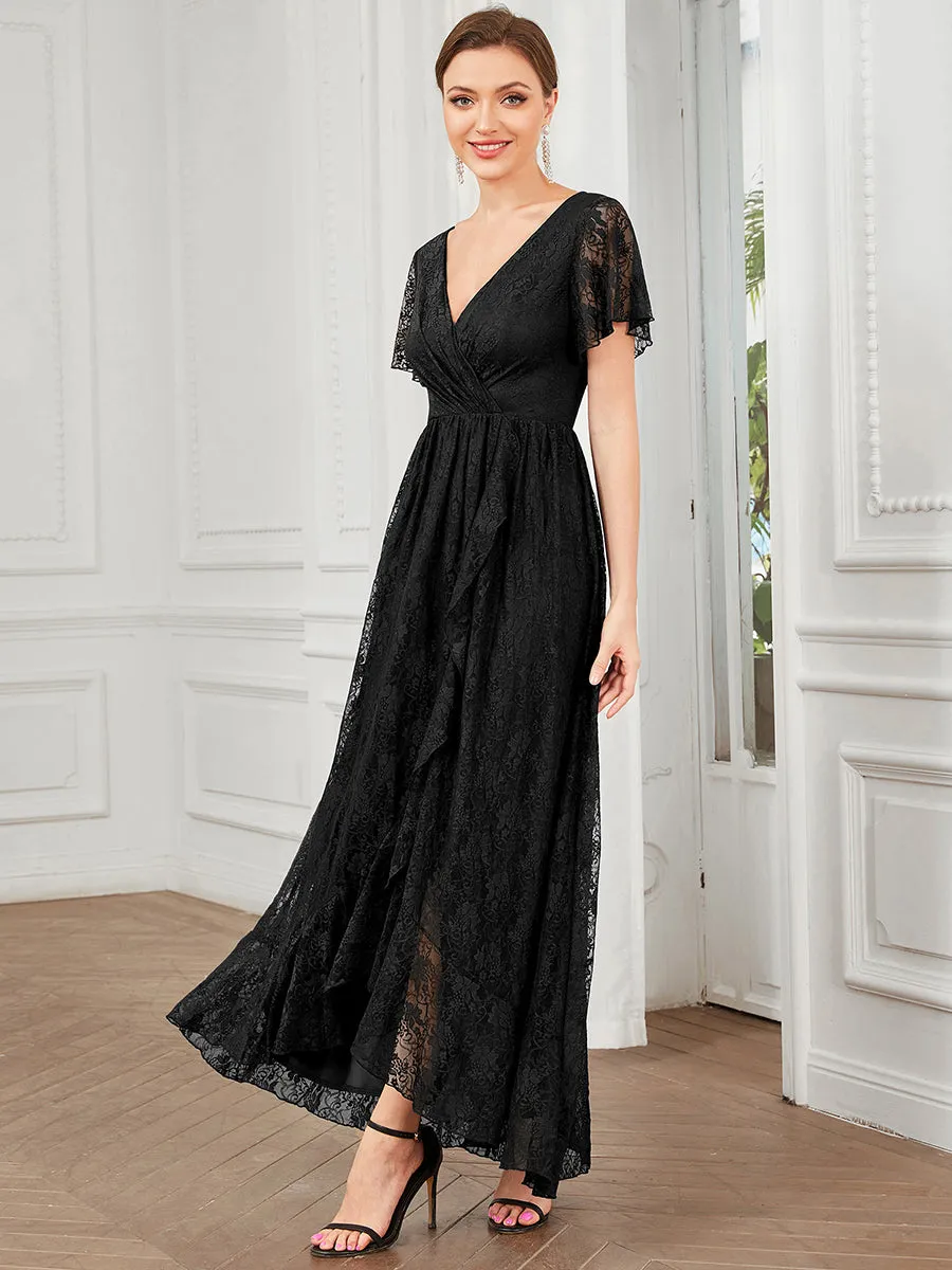 Deep V Neck Short See Through Sleeves A Line Wholesale Evening Dresses