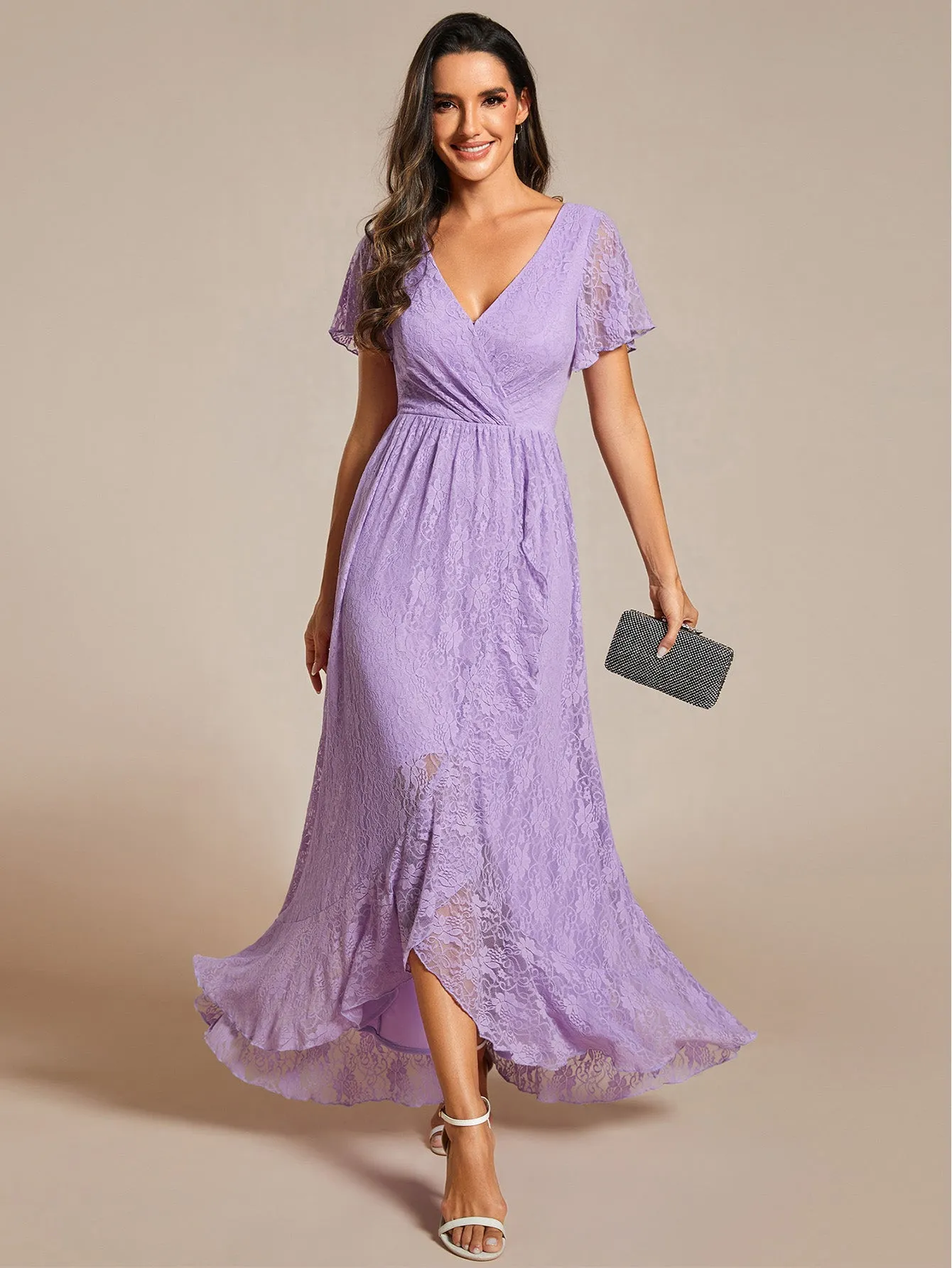 Deep V Neck Short See Through Sleeves A Line Wholesale Evening Dresses