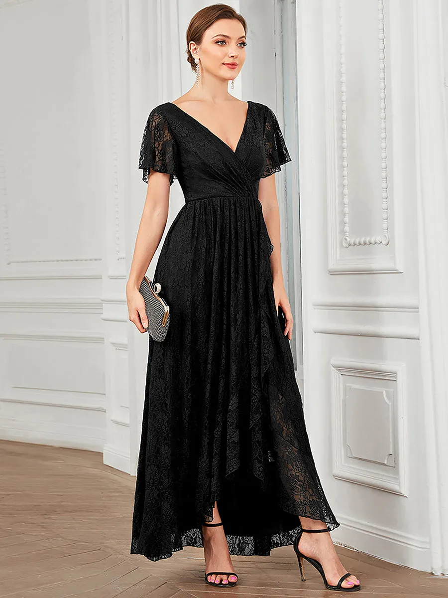 Deep V Neck Short See Through Sleeves A Line Wholesale Evening Dresses