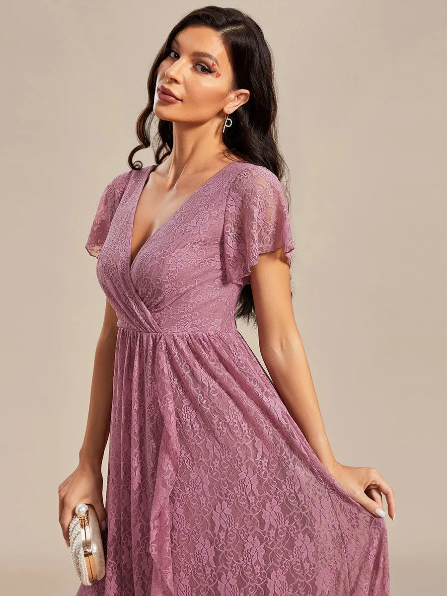 Deep V Neck Short See Through Sleeves A Line Wholesale Evening Dresses