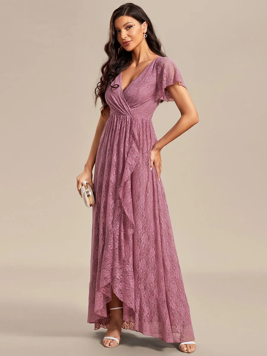 Deep V Neck Short See Through Sleeves A Line Wholesale Evening Dresses