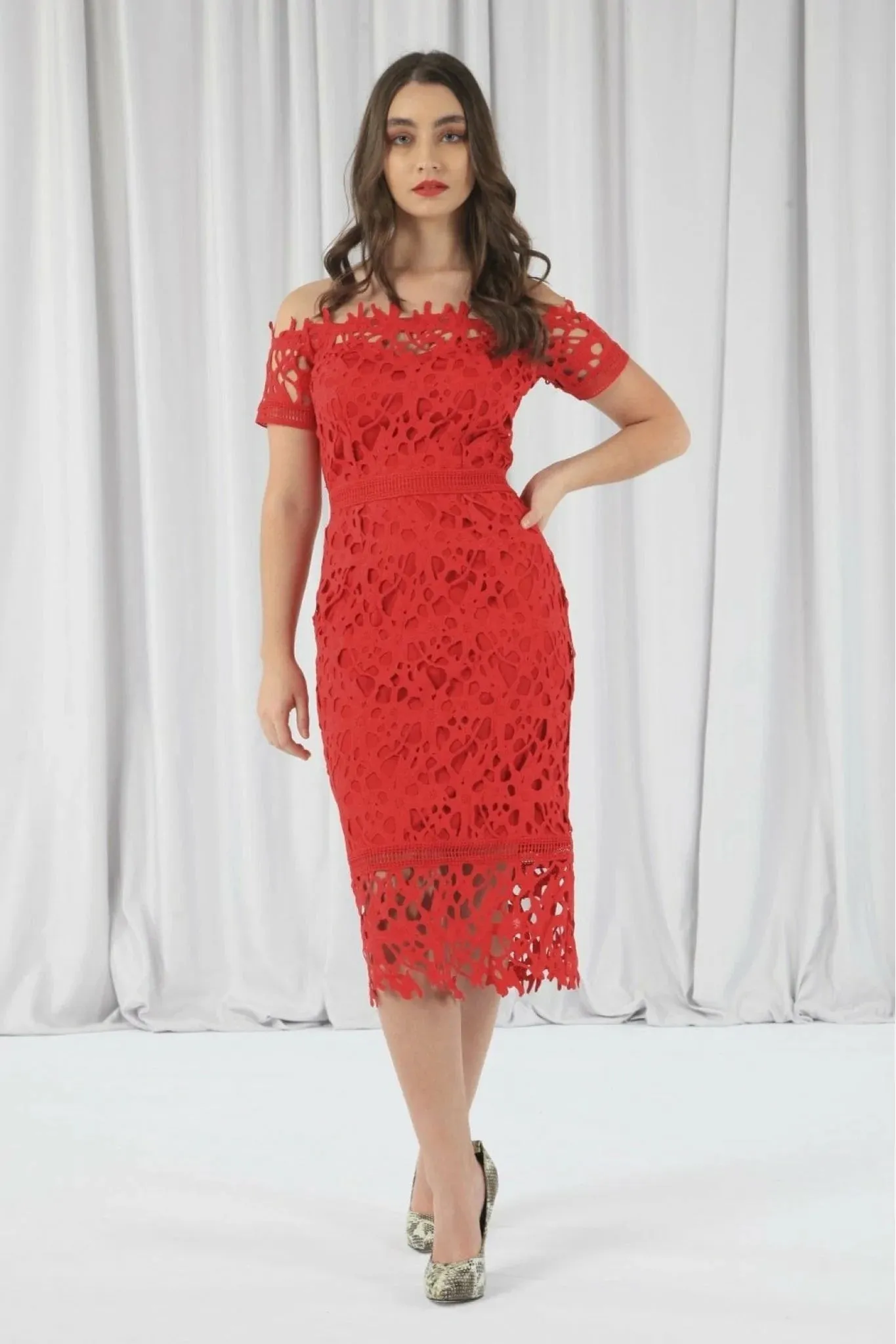 Double Second Red Bardot Lace Dress