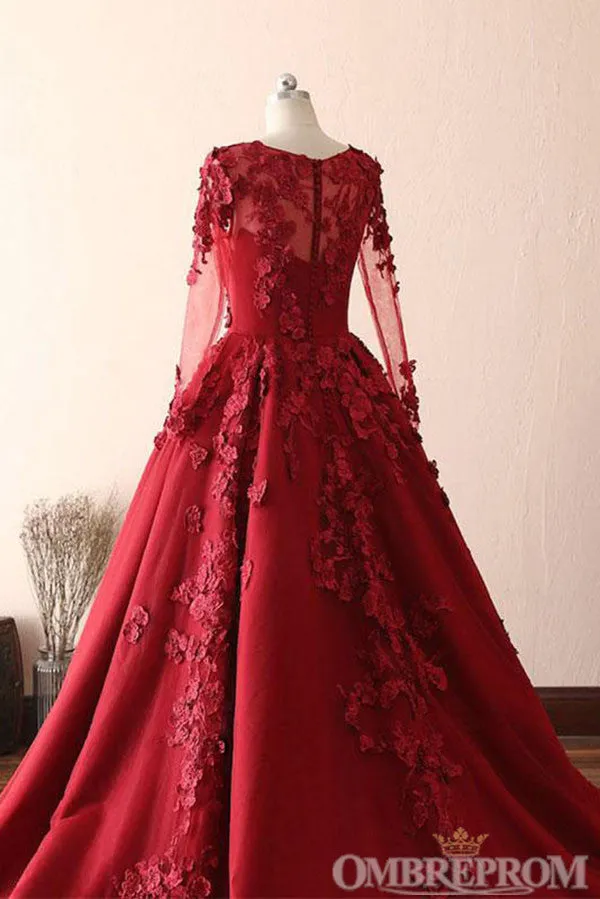 dress Modest Elegant Burgundy Scoop Neck Long Sleeves Ball Gown Prom Dresses With Appliques