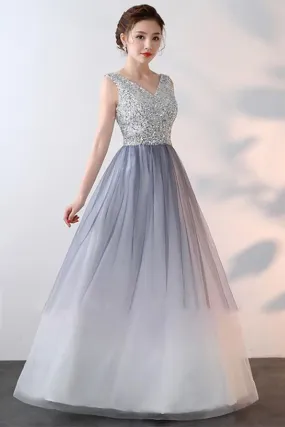 Elegant A-Line Ombre Tulle Beads V-Neck Sleeveless Open Back Prom Dresses