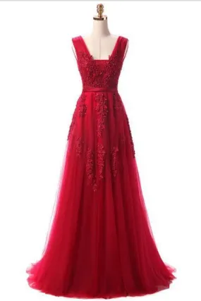 Elegant A Line Tulle Lace Appliques V Neck Backless Beads Red Long Prom Dresses