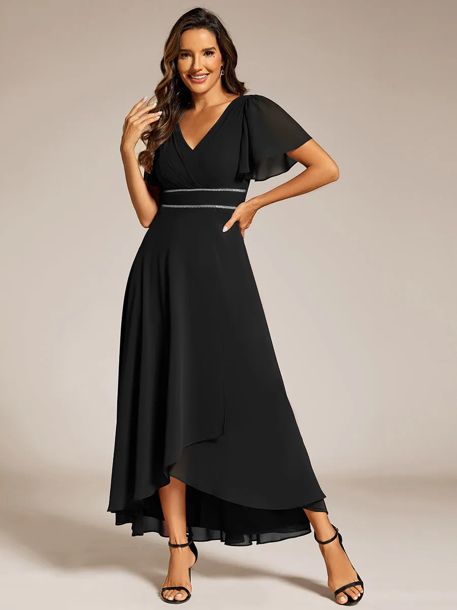 Elegant Asymmetrical A-Line Skirt Nine-Length Chiffon Dresses with Ruffles Sleeves