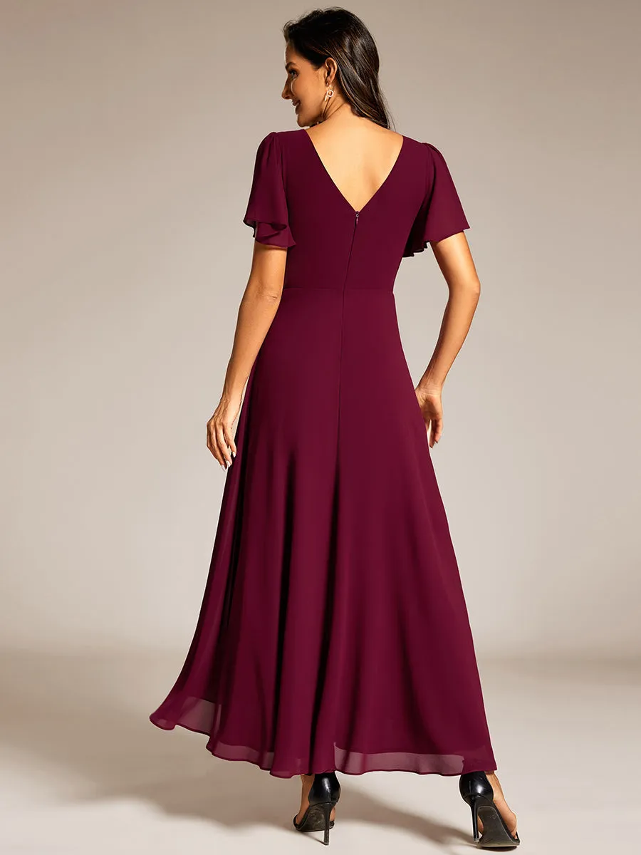 Elegant Asymmetrical A-Line Skirt Nine-Length Chiffon Dresses with Ruffles Sleeves