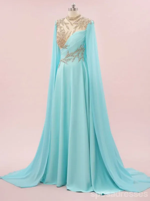 Elegant Blue A-line Long Sleeves Maxi Long Party Prom Dresses,Evening Dress,13529