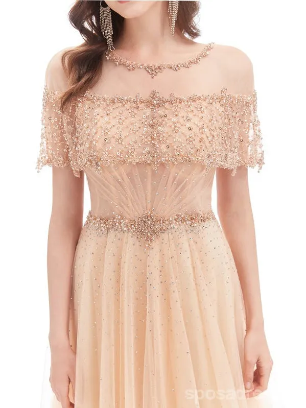 Elegant Champagne A-line Short Sleeves Long Prom Dresses Online,12773