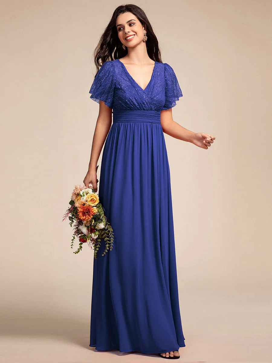 Elegant Embroidery Glitter See-Through Lotus Leaf Sleeves Chiffon Dresses with Hollow back