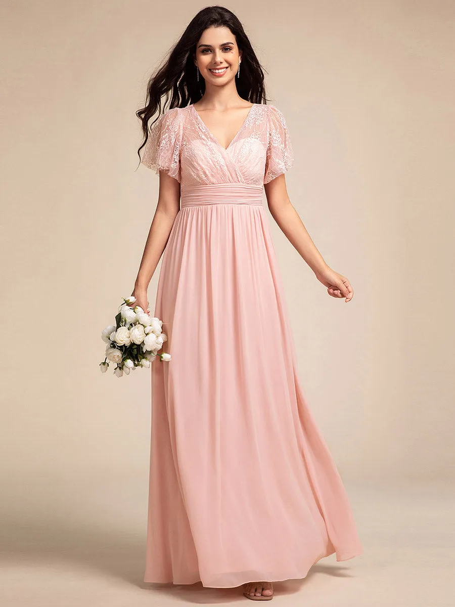 Elegant Embroidery Glitter See-Through Lotus Leaf Sleeves Chiffon Dresses with Hollow back