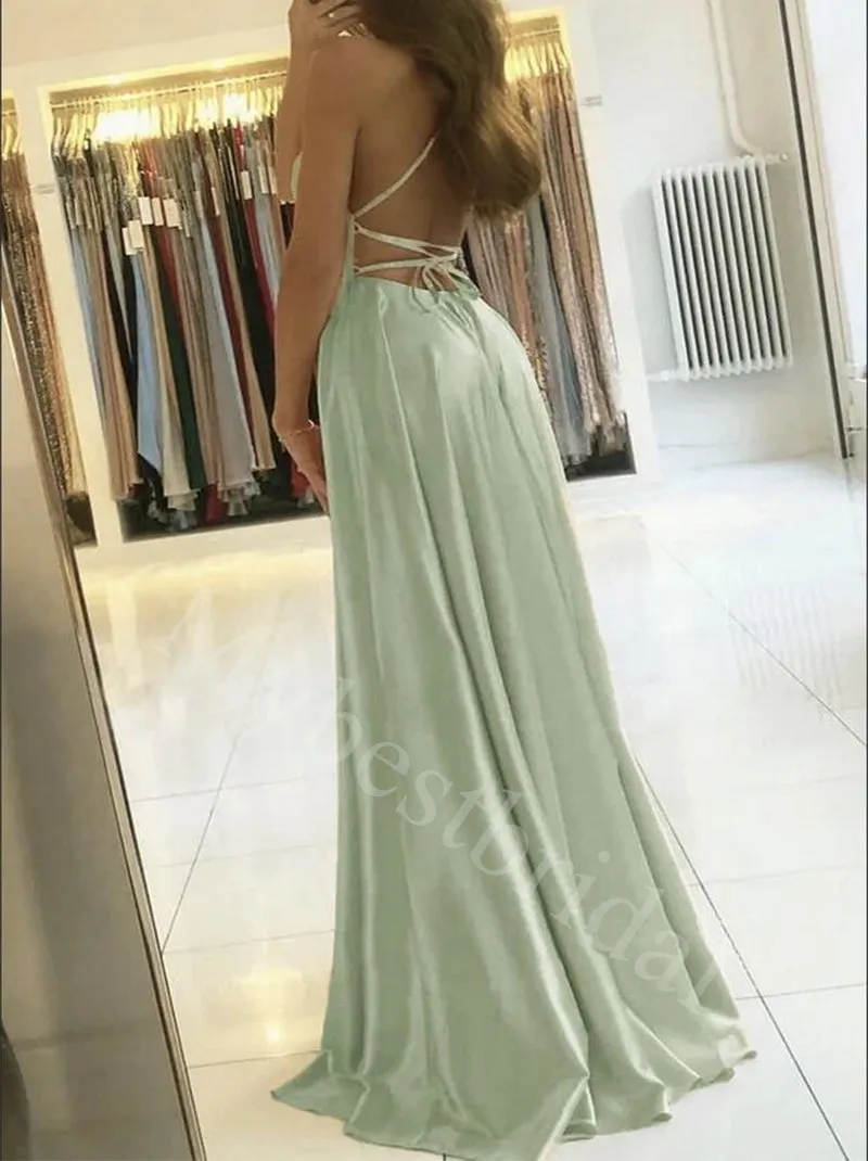 Elegant Halter Sleeveless Side slit A-line Prom Dresses,PDS0622