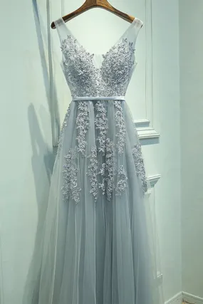 Elegant Light Blue V Neck Tulle With Lace Appliques Floor Length Prom Dresses