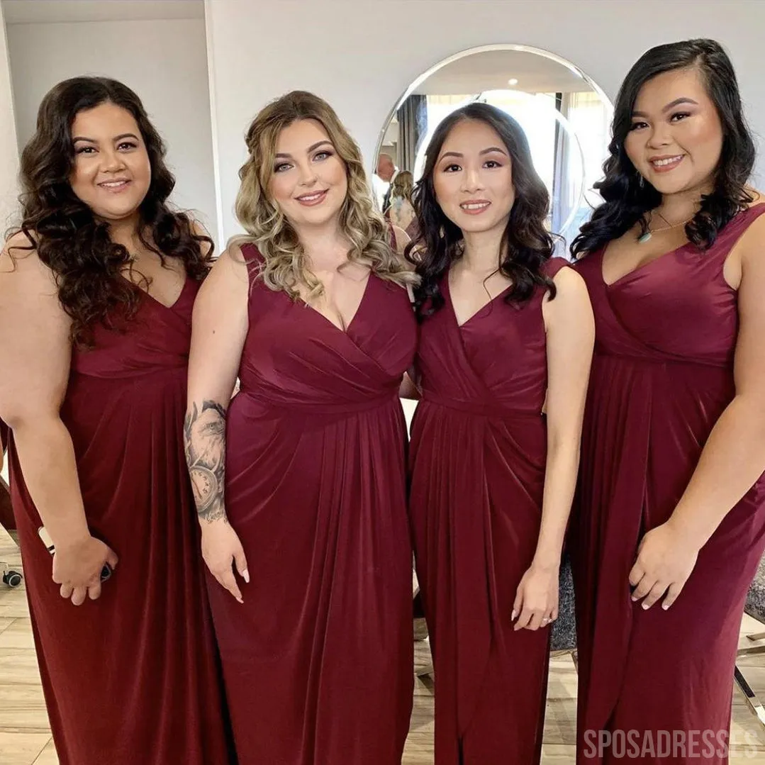 Elegant Mermaid Burgundy V -neck Sleeveless Long Bridesmaid Dresses Online, WG991