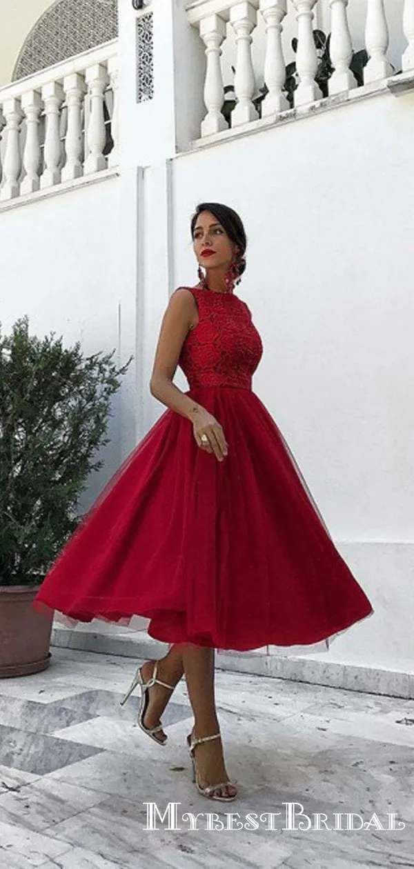 Elegant Newest A-Line Jewel Tea-Length Red Tulle Top Lace Short Cheap Homecoming Dresses, TYP0064