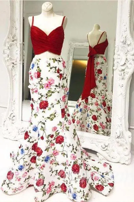 Elegant Two Pieces Mermaid Red Floral Bowknot Sweetheart Spaghetti Straps Prom Dresses