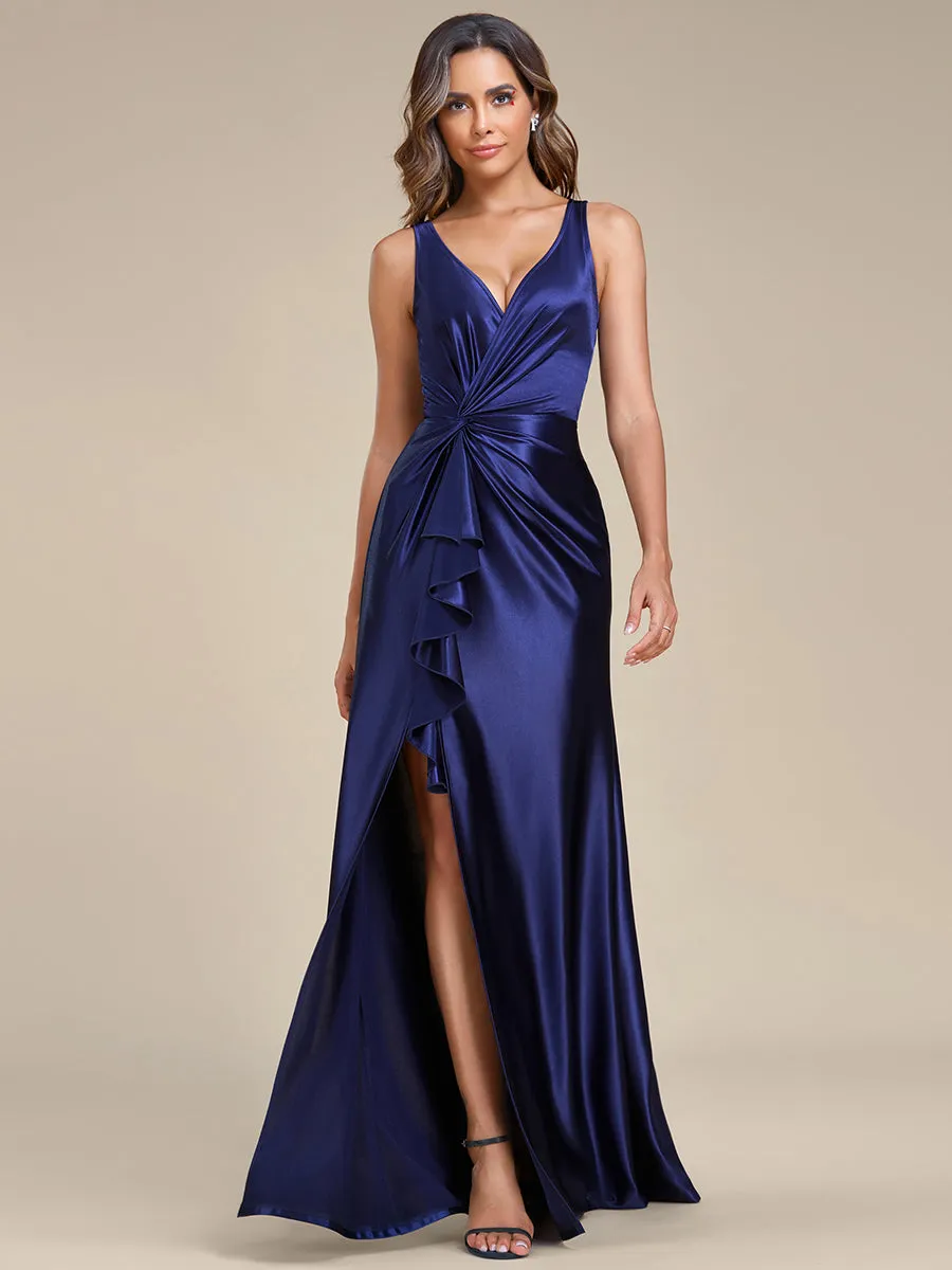 Elegant V Neck Split Ruffles Wholesale Stain Evening Dresses