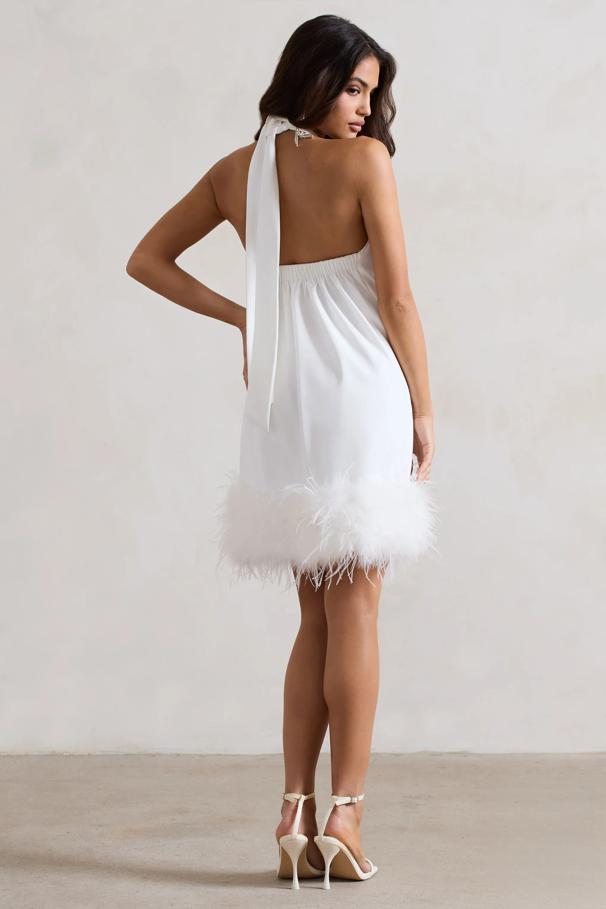 Femme | White Halter-Neck Smock Mini Dress With Feather Hem