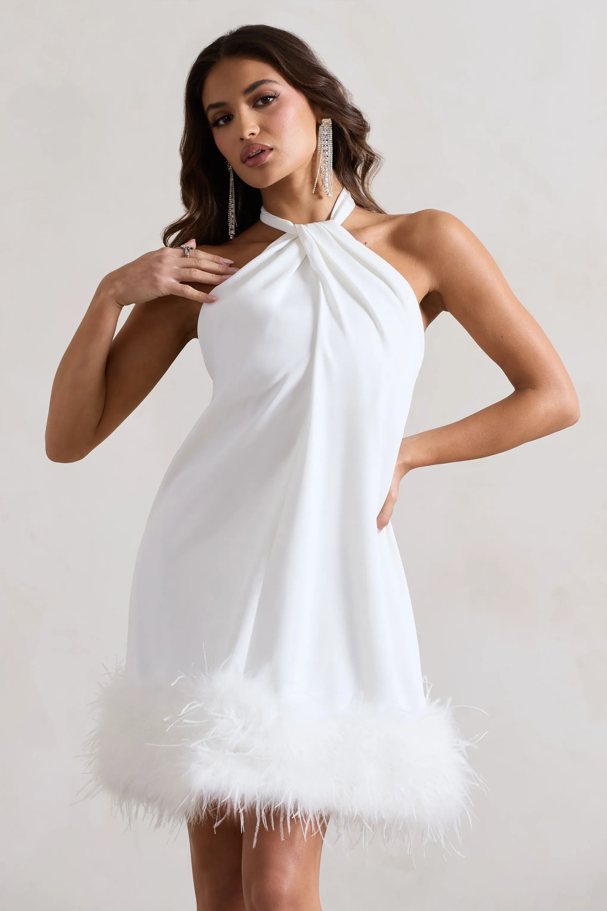 Femme | White Halter-Neck Smock Mini Dress With Feather Hem