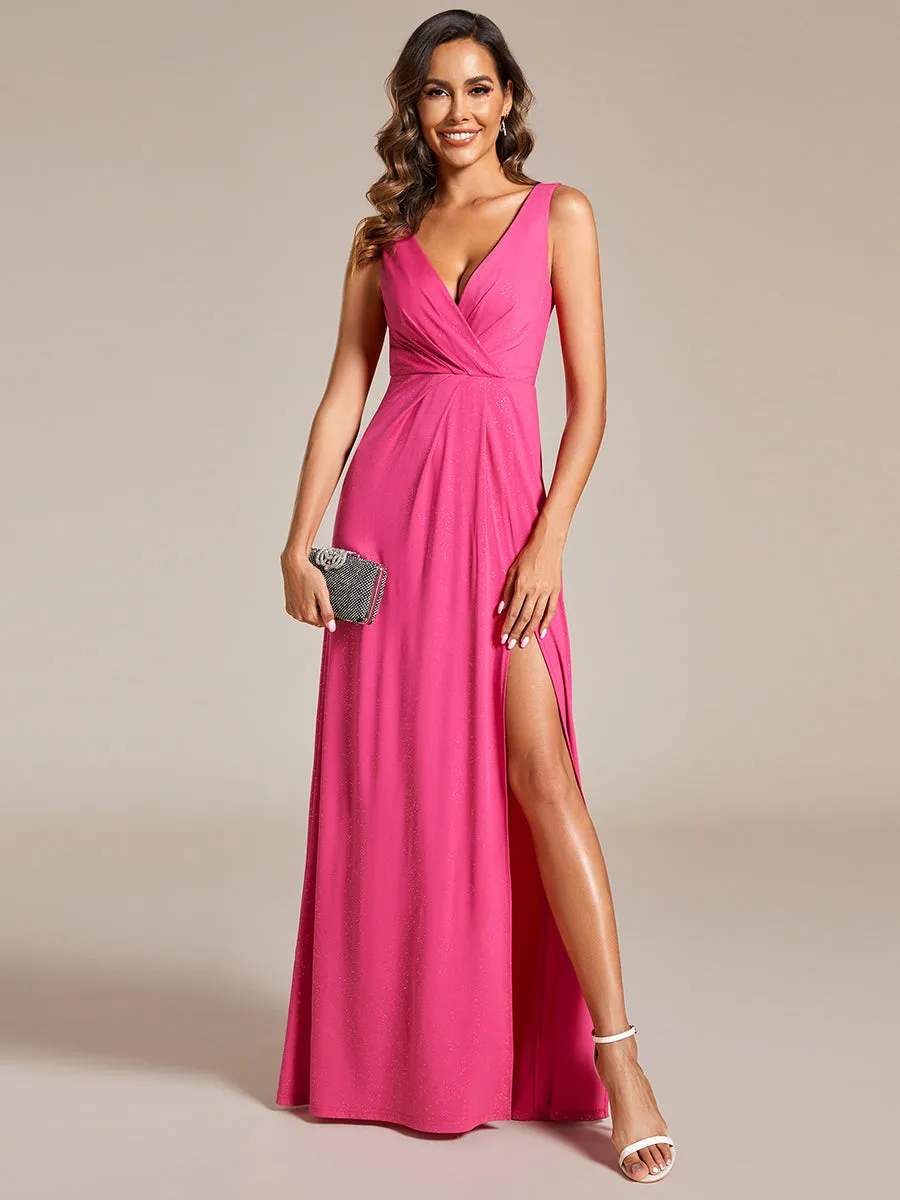 Floor Length V Neck Shimmery Wholesale Evening Dresses With Side Split