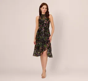 Floral Chiffon Halter Midi Dress With Flounce Hem In Black Multi