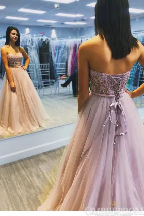 Flossy Strapless Sweetheart Lace Up A Line Tulle Prom Dresses