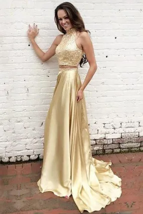 Gold Two Piece A Line Sweep Train Sleeveless Beading Prom Dresses